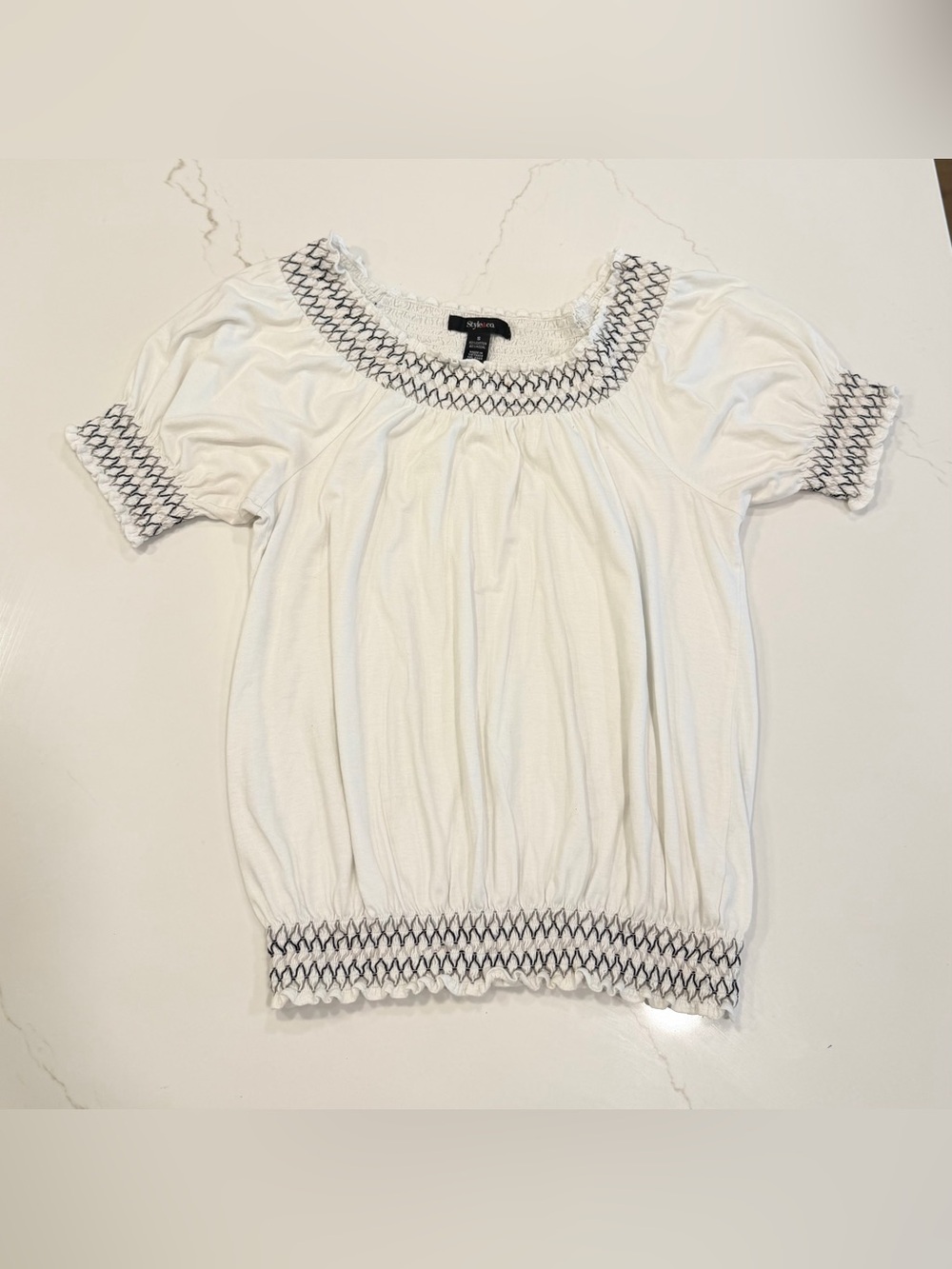 Style & Co. White Smocked Short Sleeve Top